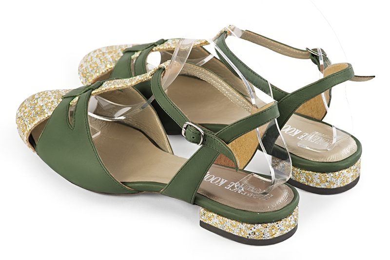 Gold and forest green women's open back T-strap shoes. Round toe. Flat block heels. Rear view - Florence KOOIJMAN